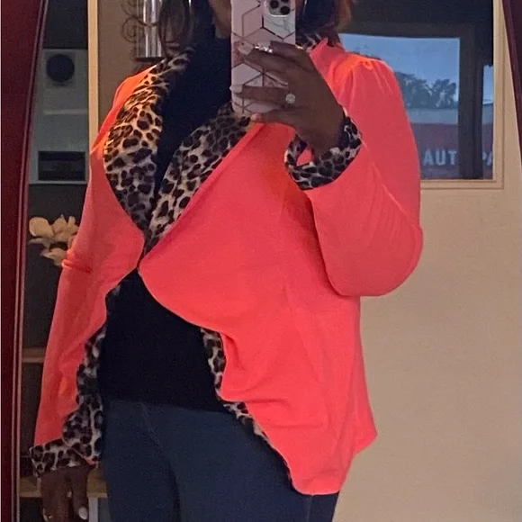 1X-3X Elle Pink Leopard Print Open Shawl Blazer-Host Pick - Picture 6 of 12